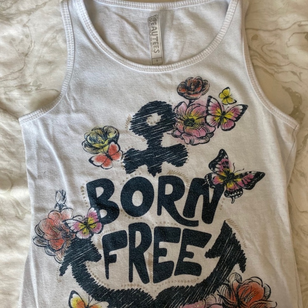 White “BORN FREE” Floral Tank Top